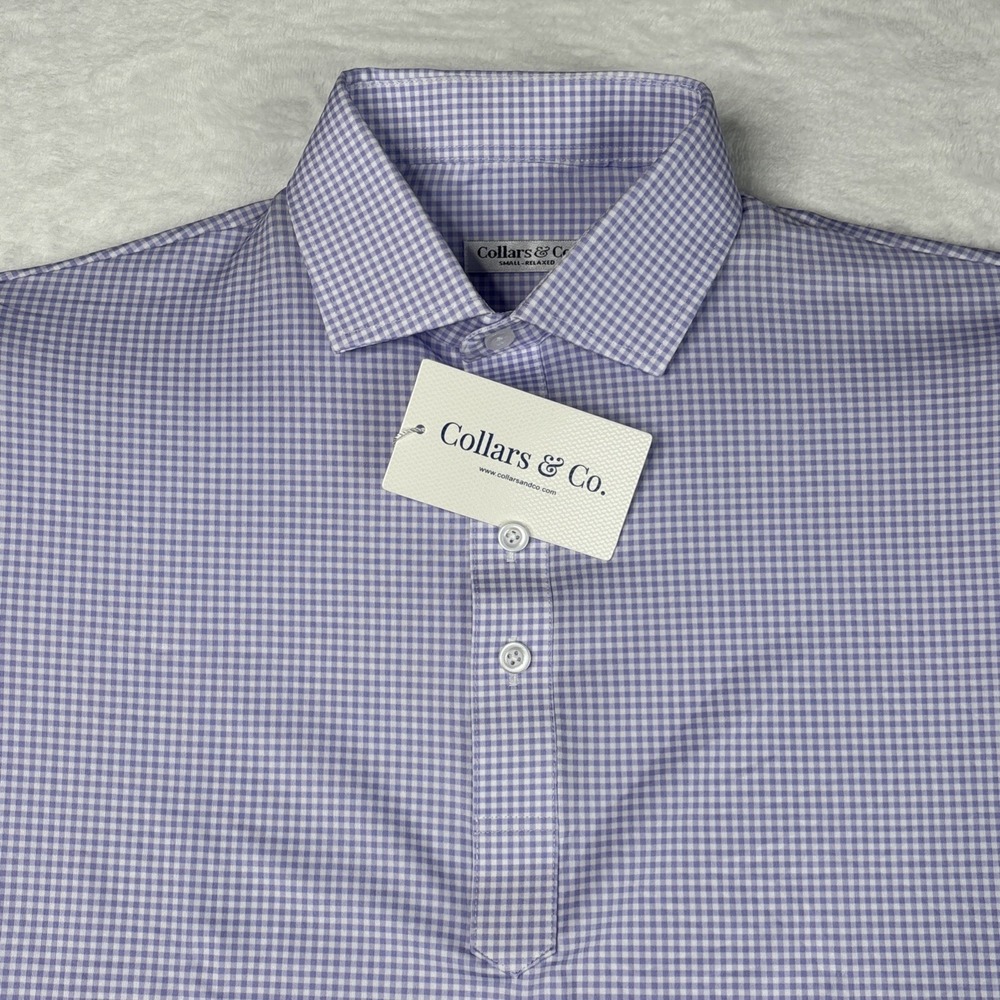 Collars and Co NWT Featherweight Flex Polo Lavender Micro Gingham - Small Relax